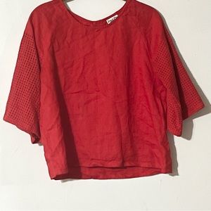 ISLAND SHOP Women Crop Blouse Red Eyelet 3/4 Sleeve Back Keyhole Neck Size 2